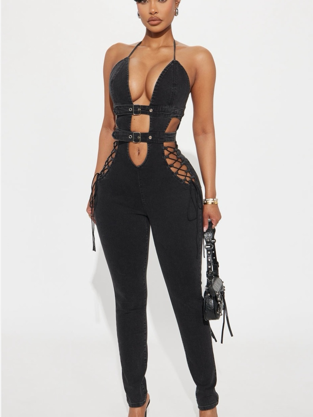 Fashion Nova Black Lace-Up Cutout Skinny Jumpsuit